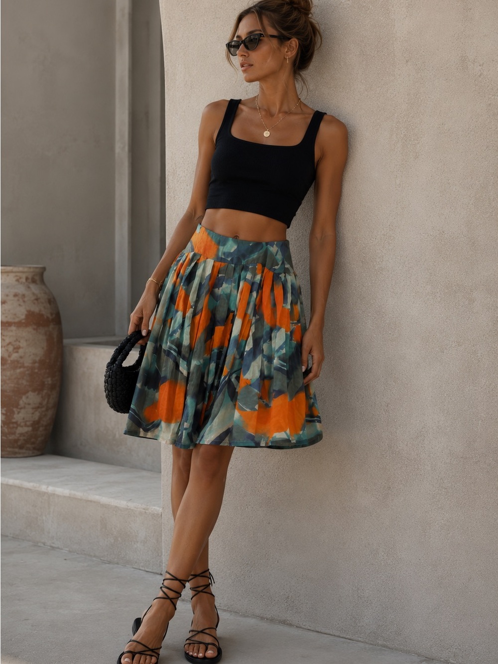 TOAST High-Rise Circle Skirt in Orange & Green Abstract Print